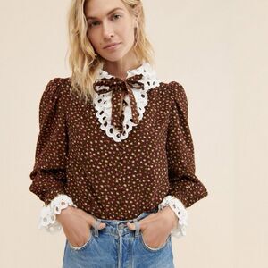 Celia B Brown Corduroy Virginia Floral Peasant Top Blouse Lace Trim Size Small